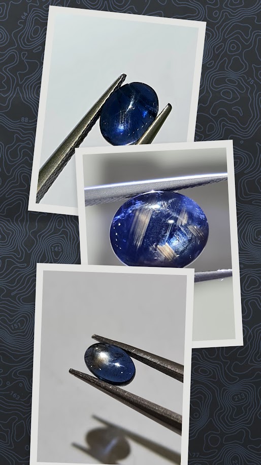 Blue gold sheen sapphire cabochon examined under a loupe with tweezers, three grading views