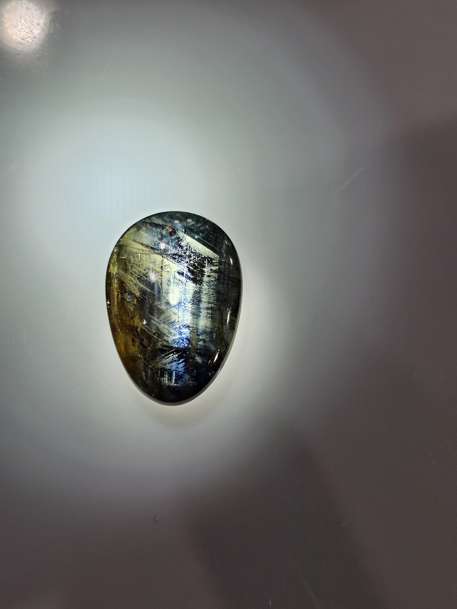 Polished gold sheen sapphire cabochon in an oval cut, blue-green and gold tones, photographed against a soft grey backdrop